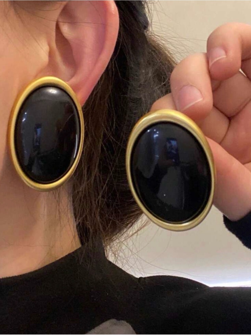 Black Oval Gold-Trim Statement Earrings